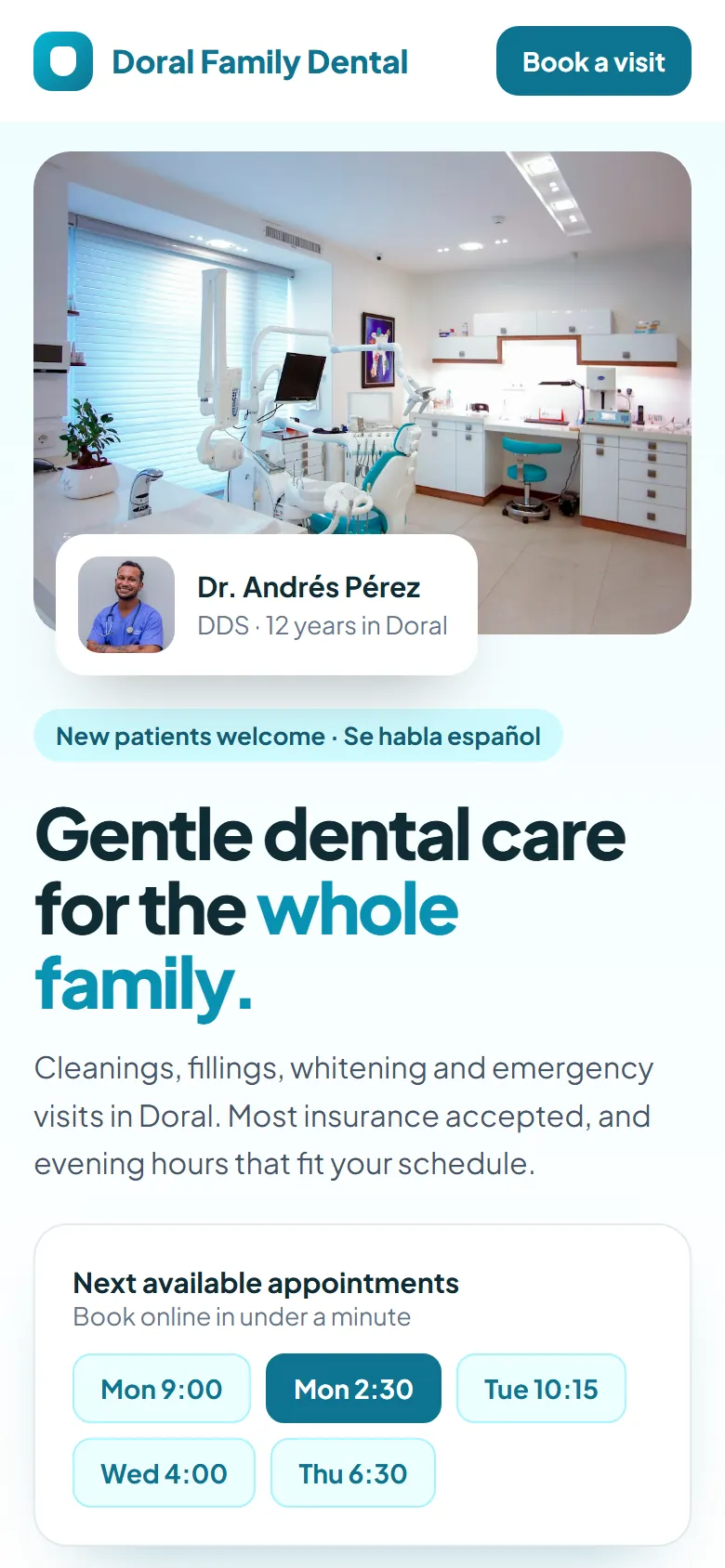 Sample dentist website on a phone