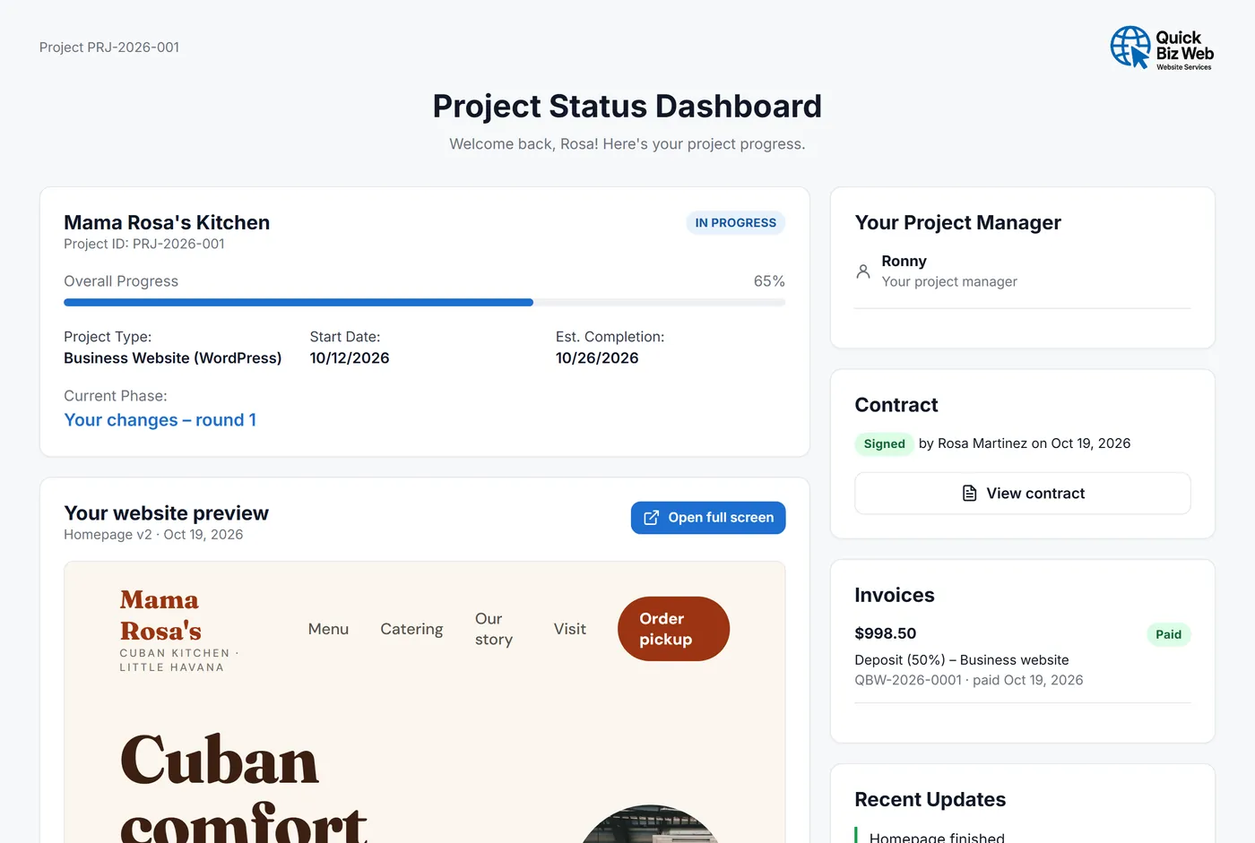 A customer's project page showing progress, preview, signed contract, paid deposit and recent updates