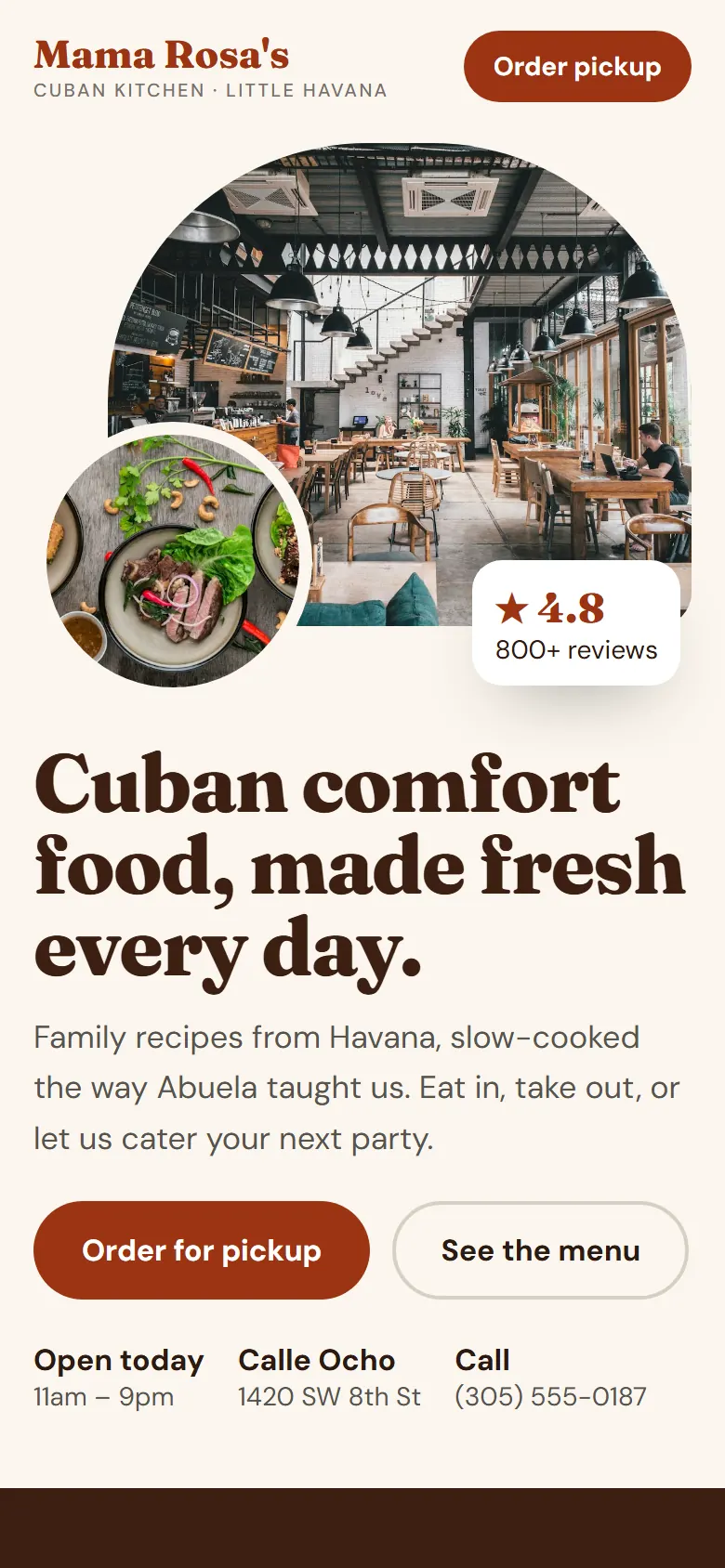 Sample restaurant website on a phone