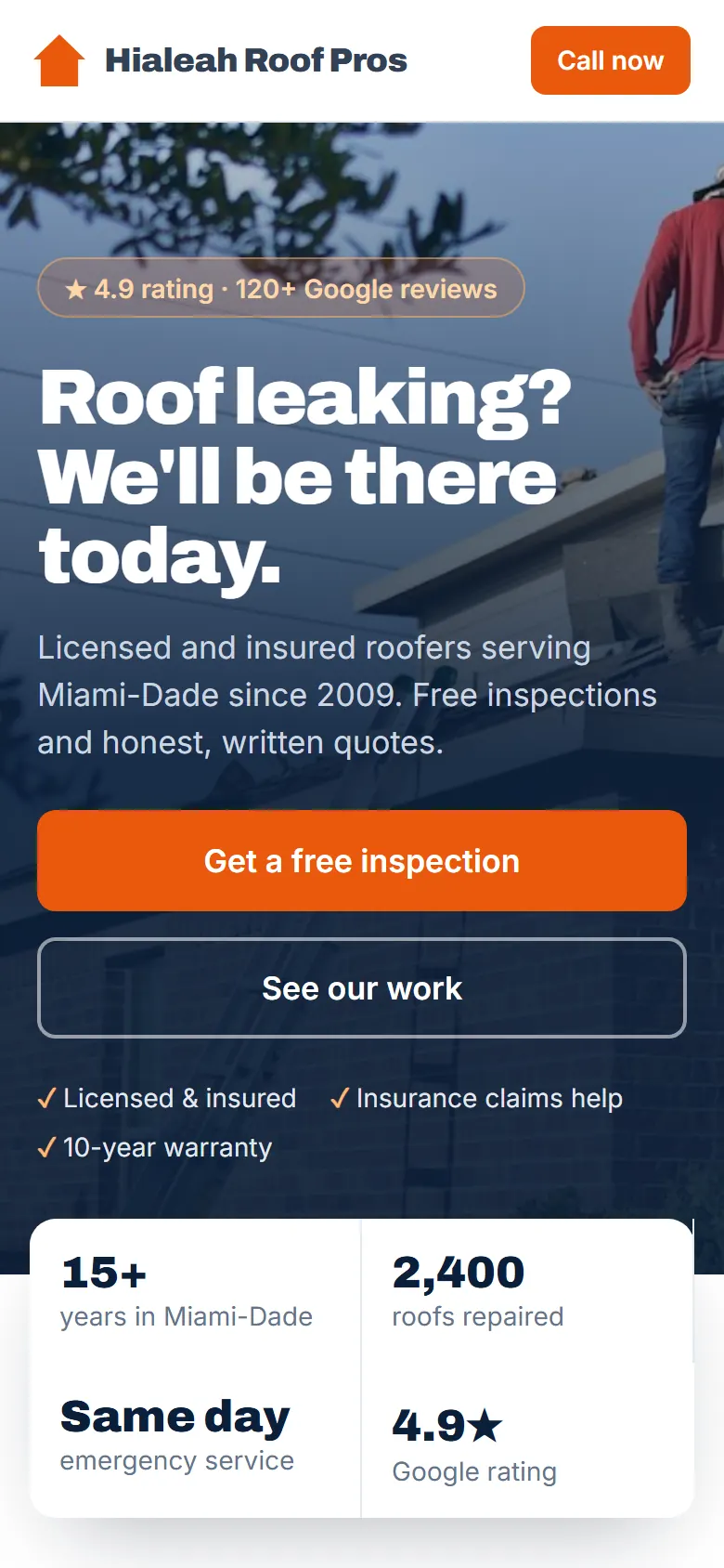 The same roofer website on a phone